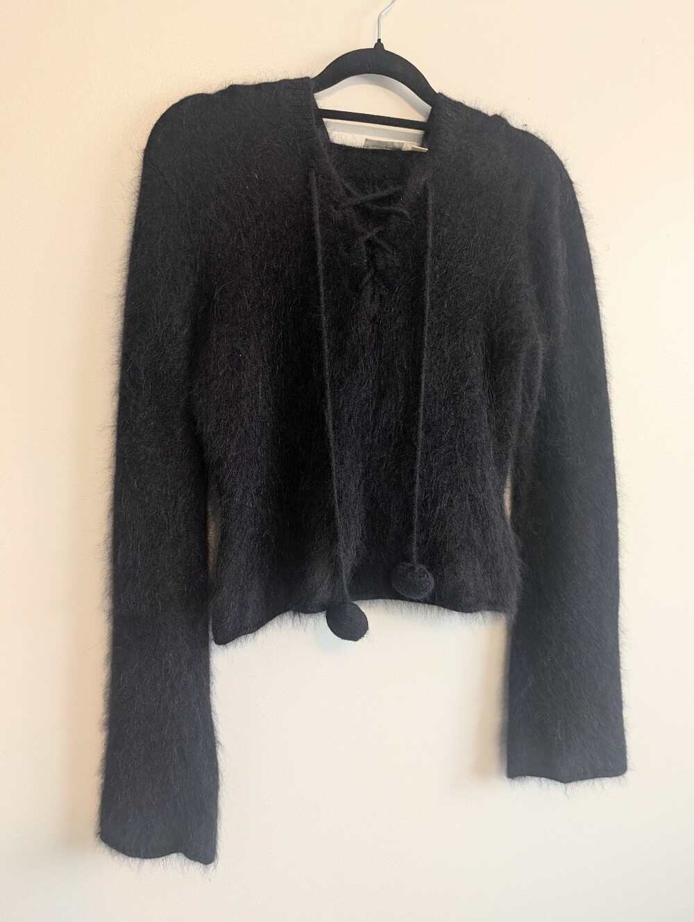Jennifer Lopez Black Fuzzy Cropped Hooded Angora Sweater Hoodie Bell Sleeves M